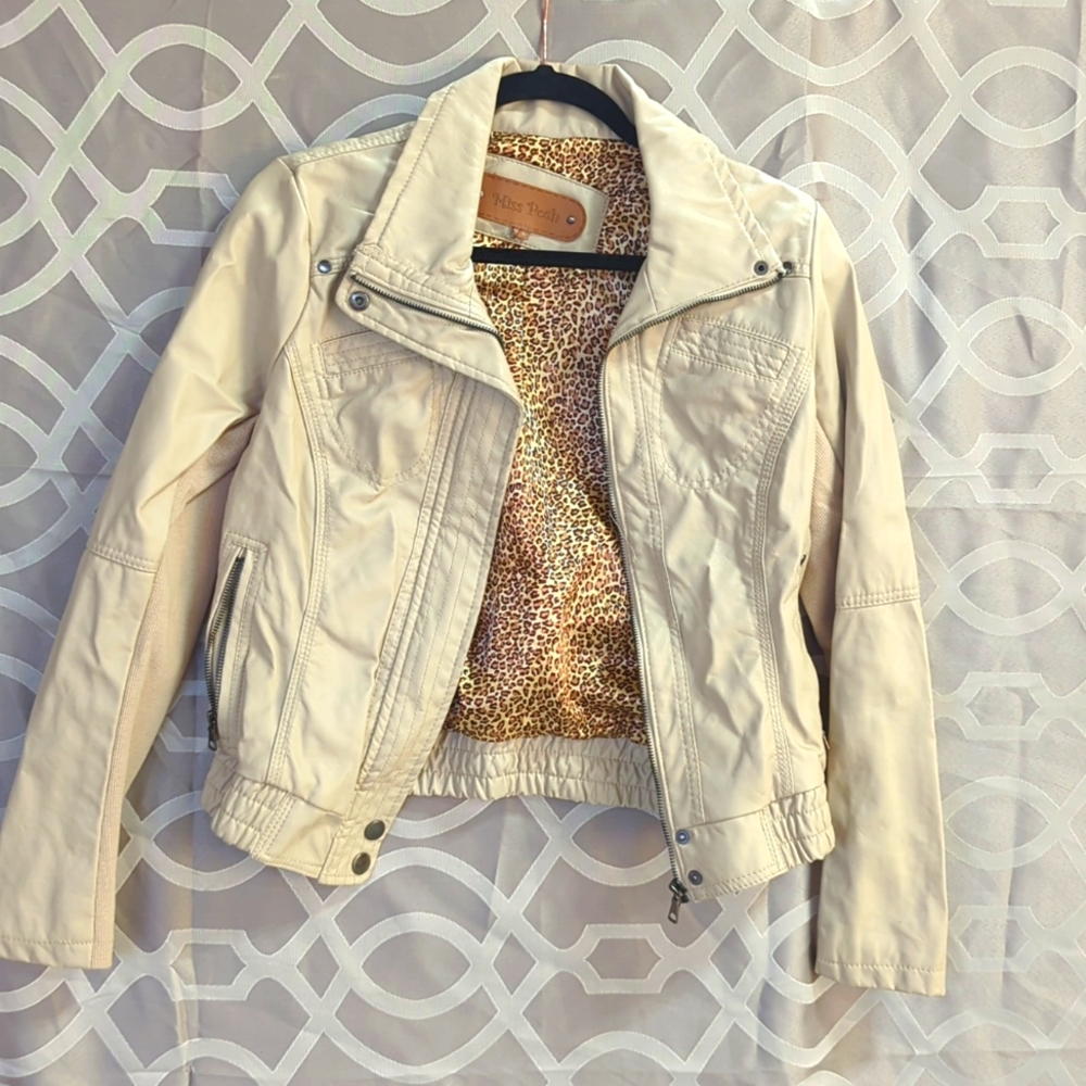 Cream long sleeve faux leather jacket